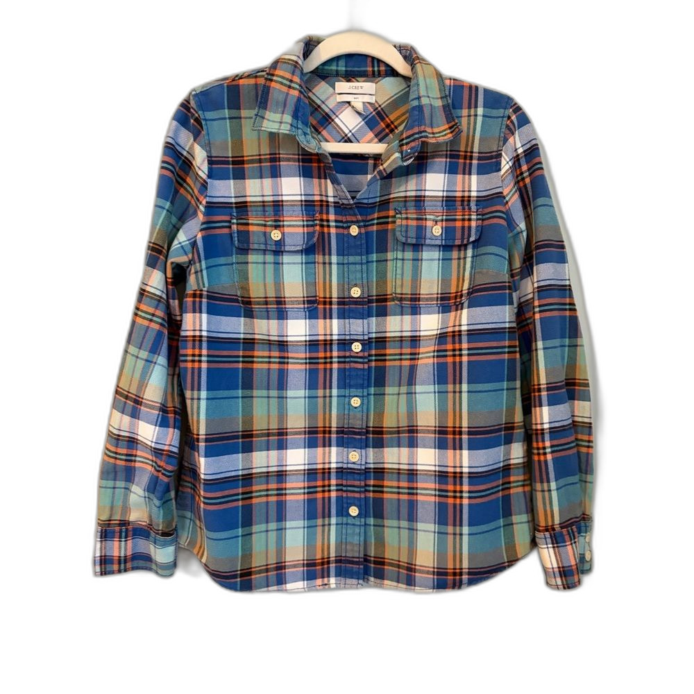 J.Crew Boys 100% Cotton Flannel‎ Plaid Shirt Blue Orange Button Down Gorpcore